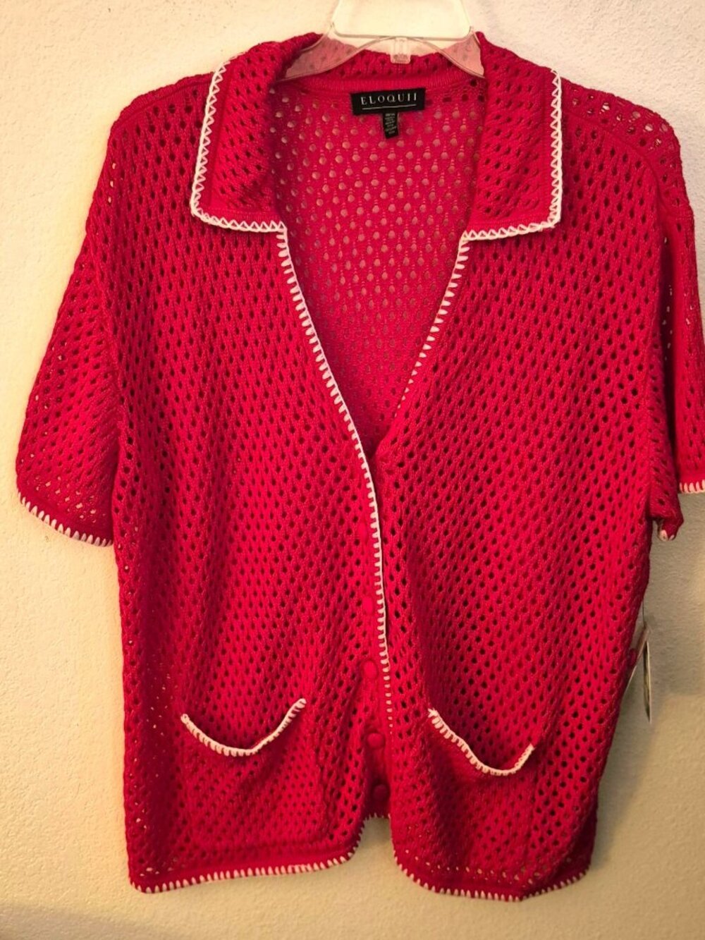 Eloquii Crochet Red w/White Trim Cotton Blend Short sleeve Cardigan OVERSIZE NWT
